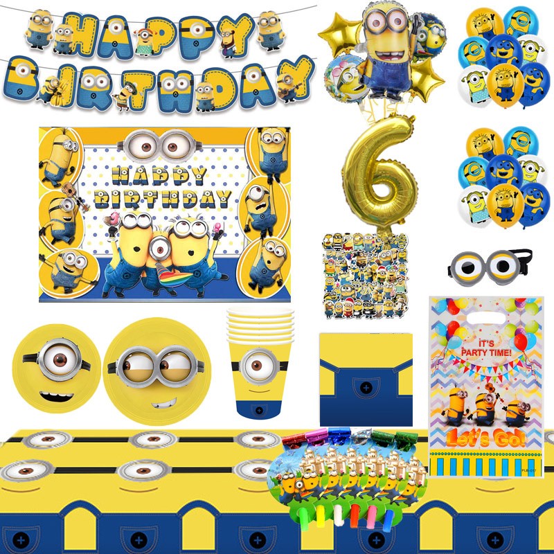 Anime Minion Themed Party Decorations Party Tableware Set Plates Cups Birthday Balloons Big Eye Yellow Man Party Favors Supplies