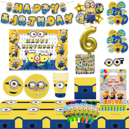 Anime Minion Themed Party Decorations Party Tableware Set Plates Cups Birthday Balloons Big Eye Yellow Man Party Favors Supplies
