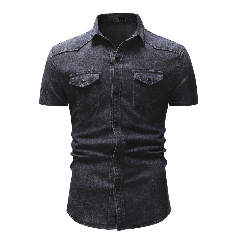 Men Denim Shirts Tops Shirt Short Sleeve Button Turn Down Collar Single Breasted Slim Fit Solid Simple Casual Splice Top 2024
