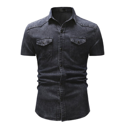 Men Denim Shirts Tops Shirt Short Sleeve Button Turn Down Collar Single Breasted Slim Fit Solid Simple Casual Splice Top 2024