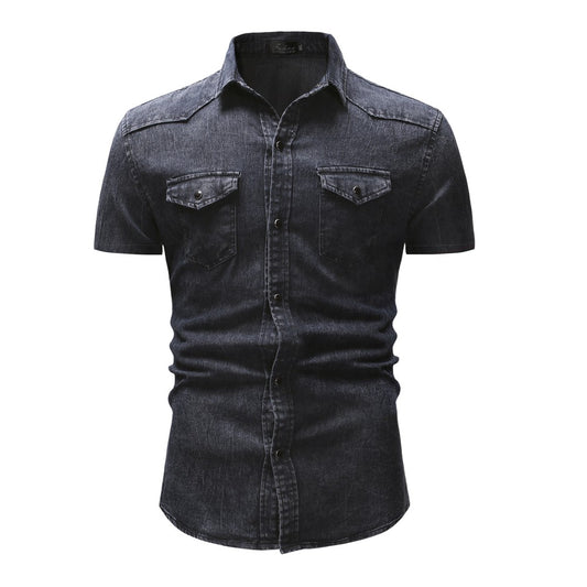 Men Denim Shirts Tops Shirt Short Sleeve Button Turn Down Collar Single Breasted Slim Fit Solid Simple Casual Splice Top 2024