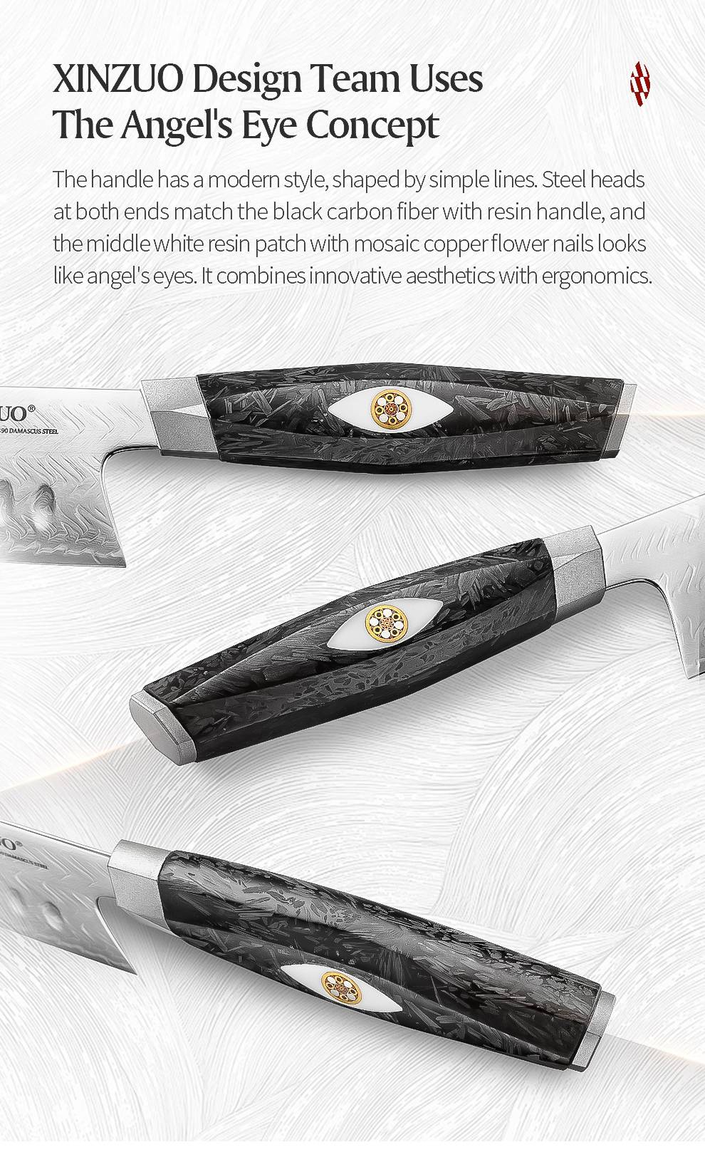 XINZUO Conjunto de Facas de Aço Damasco 2-7 Peças com 145 Camadas de Aço M390 Cabo de Fibra de Carbono Preta Resistente à Ferrugem Caixa de Presente