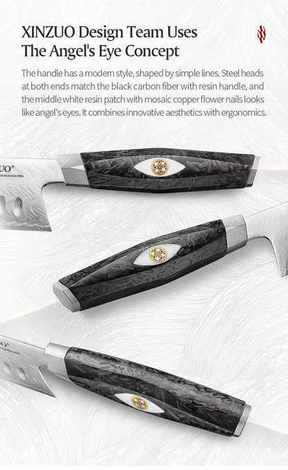 XINZUO Conjunto de Facas de Aço Damasco 2-7 Peças com 145 Camadas de Aço M390 Cabo de Fibra de Carbono Preta Resistente à Ferrugem Caixa de Presente
