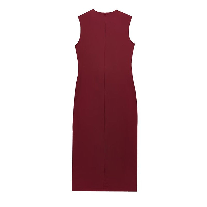 Elegant Midi Dress Woman O-neck Single Breasted Sleeveless Pocket Dresses Female