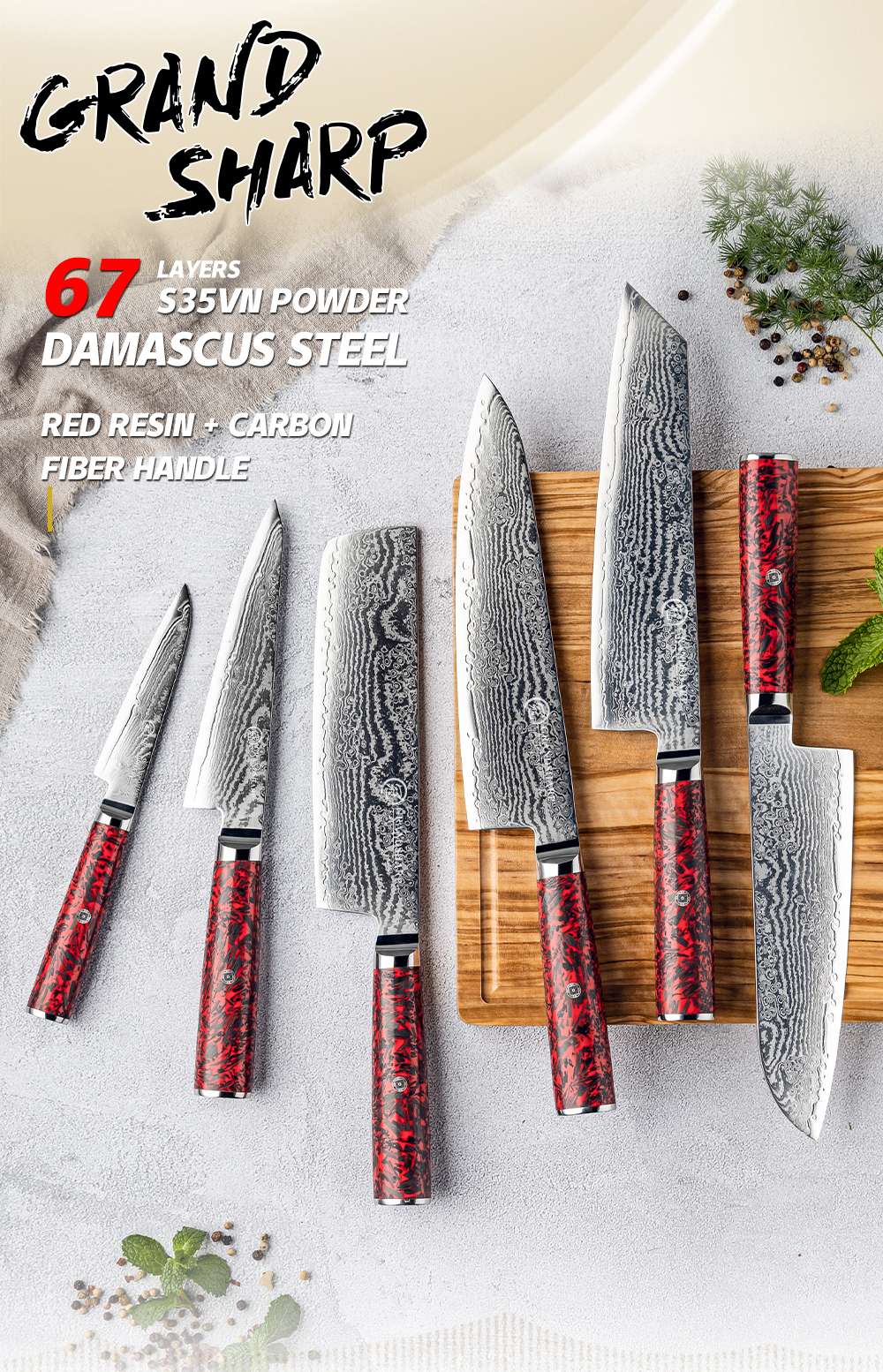 Grandsharp 1-6 Peças Conjunto de Facas de Cozinha 67 Camadas de Aço Damasco com Pó S35VN Faca Afiada de Chef Nakiri para Descascar Utensílios de Cozinha