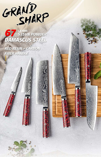 Grandsharp 1-6 Peças Conjunto de Facas de Cozinha 67 Camadas de Aço Damasco com Pó S35VN Faca Afiada de Chef Nakiri para Descascar Utensílios de Cozinha