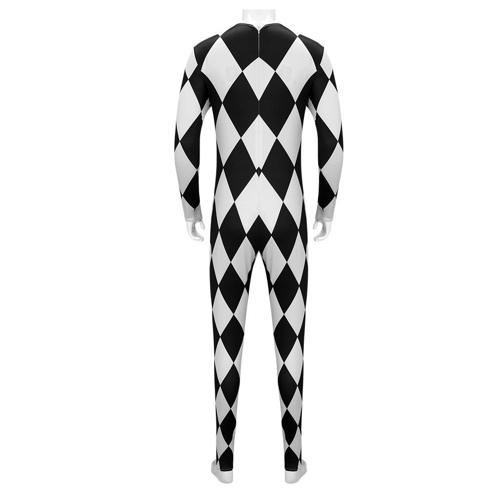 Freddie Mercury - Queen Harlequin Cosplay Costume Unitard Black and White Diamond Bodysuit with attached feet for Men