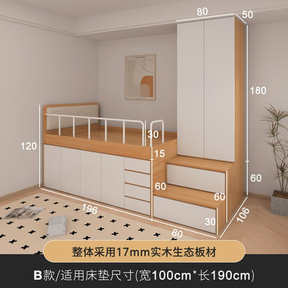 Cama de tatame infantil com baú, armário e estrado alto para quarto pequeno