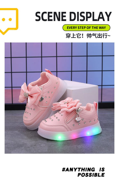 Spring Kids Shoes New Fashion Breathable Sneakers Kids Soft Non Slip Casual Girls Shoe LED Light Cute Versatile Princess Shoe