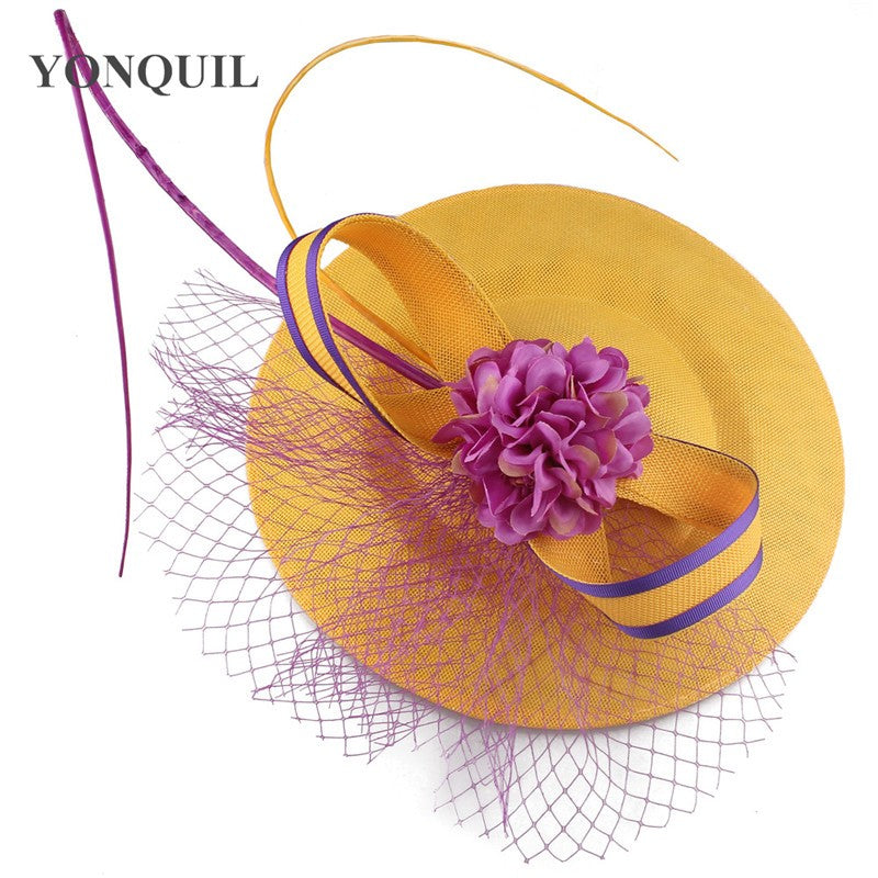 Novo Design Amarelo Com Cabelo Roxo Fascinator Chapéu Tiara Nupcial Casamento Festa Adereço de Cabelo Malha Senhoras Ocasião Acessórios de Cabelo