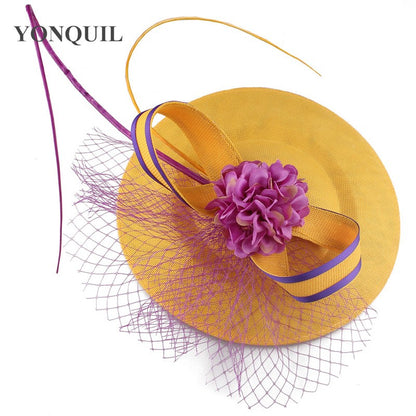 Novo Design Amarelo Com Cabelo Roxo Fascinator Chapéu Tiara Nupcial Casamento Festa Adereço de Cabelo Malha Senhoras Ocasião Acessórios de Cabelo