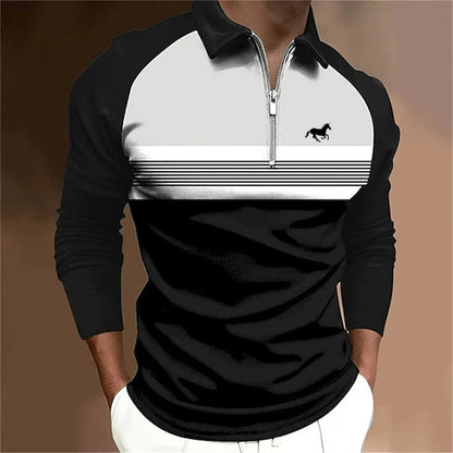 Spring Autumn New Men Clothes Long Sleeve Zipper Stripe Polo Shirt Men Sport Quick Drying Polyester Turn-down Collar Polo Shirt