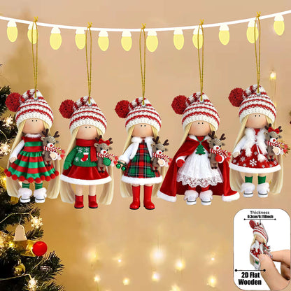 12Pcs Classic Long-haired Christmas Doll Design High-quality 2D Flat Wooden Pendant Christmas Doll Decoration for Christmas