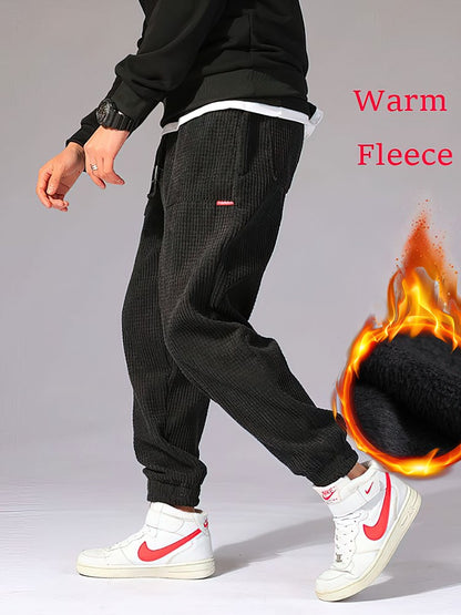 Autumn Winter Warm Motorcycle Jogger Corduroy Pants Men Tech Fleece Sweatpants Casual Harem Pants Male Sport Thermal Trousers