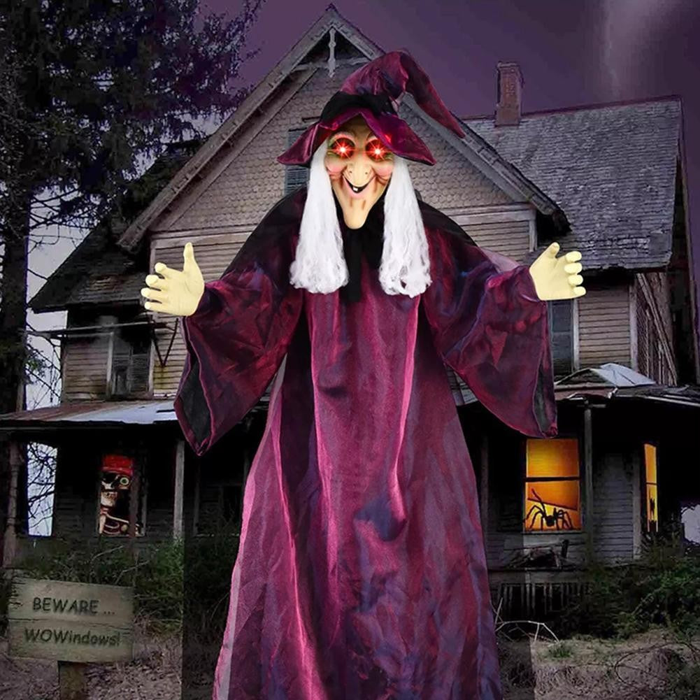 Bruxa Falante em Tamanho Real de Halloween Roxo Assustador Decoração Gritante Controlada por Voz com Olhos Brilhantes