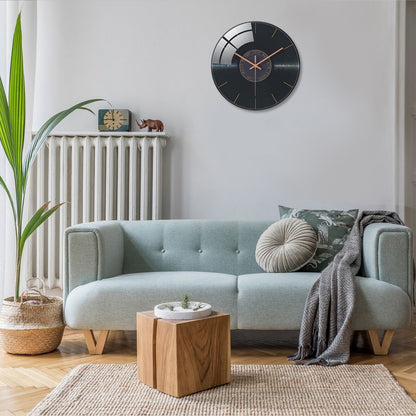 Creative Music Element Vinyl Record Pattern Tempered Glass Wall Clock Living Room Bedroom Kitchen Home Decoration Wall Clock Silent Quartz Clock Holiday Gift 12 Inches 14 Inches 16inch (Without Batteries)