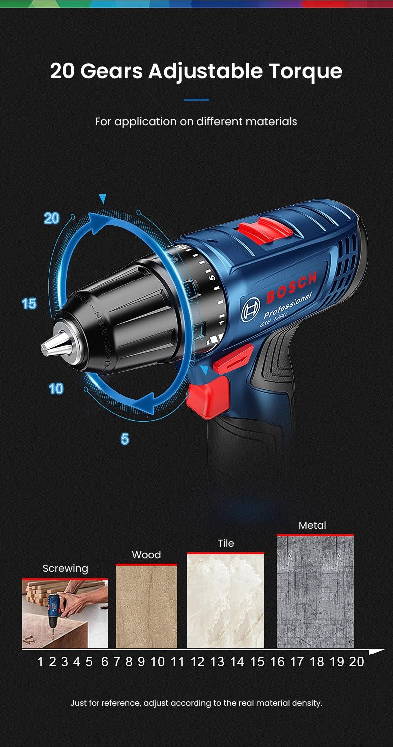 Furadeira Elétrica Bosch GSR120 Li 12V Parafusadeira Sem Fio Profissional Furadeira de Impacto Recarregável Ferramentas Elétricas Multifuncionais