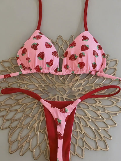 Sexy Cherry Print Triangle Brazilian Bikini Push Up Swimsuit 2 Piece String Bandage Bikinis Swimwear Women Thong Bathing Suit