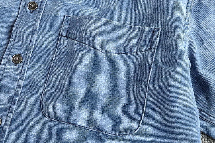 Spring Japanese Retro Long Sleeve Lapel Denim Plaid Cargo Shirts Men's High Street 100% Cotton Washed Loose Casual Thin Jacket