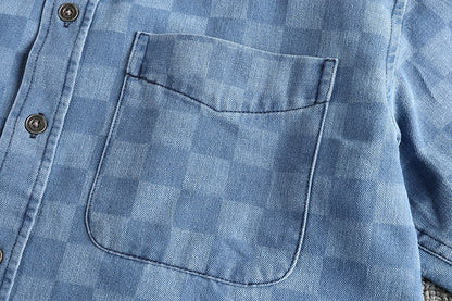 Spring Japanese Retro Long Sleeve Lapel Denim Plaid Cargo Shirts Men's High Street 100% Cotton Washed Loose Casual Thin Jacket