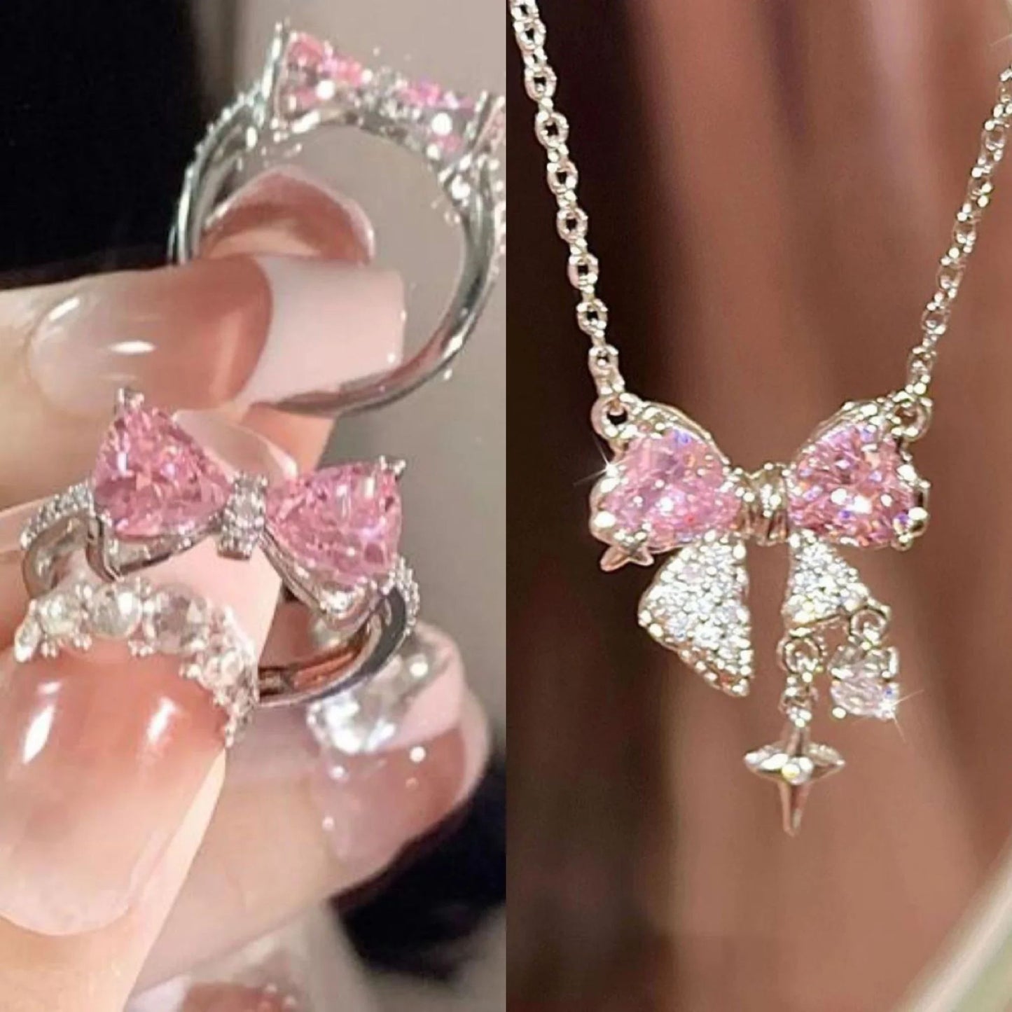 Colares de Pingente de Laço de Cristal Rosa Fada da Moda Y2K Meninas Doce Strass Coração Clavícula Cadeia Mulheres Jóias Presentes