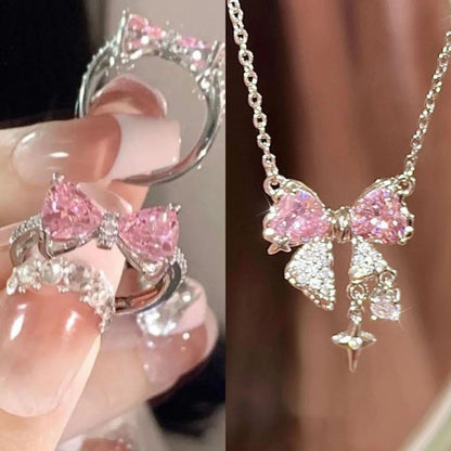 Colares de Pingente de Laço de Cristal Rosa Fada da Moda Y2K Meninas Doce Strass Coração Clavícula Cadeia Mulheres Jóias Presentes