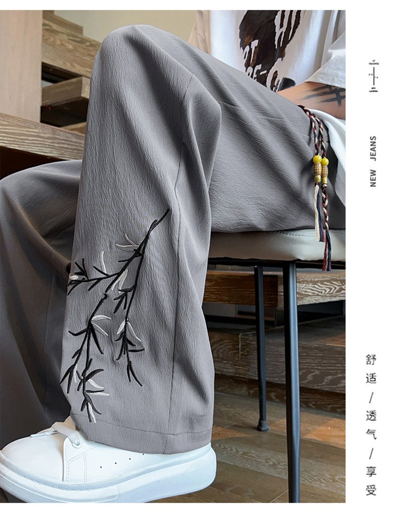 Novas Calças de Seda Gelo Chinesas Masculinas Verão Fina Solta Perna Larga Marca de Moda Seda Gelo Estilo Chinês Calças Casuais Bordadas Frescas