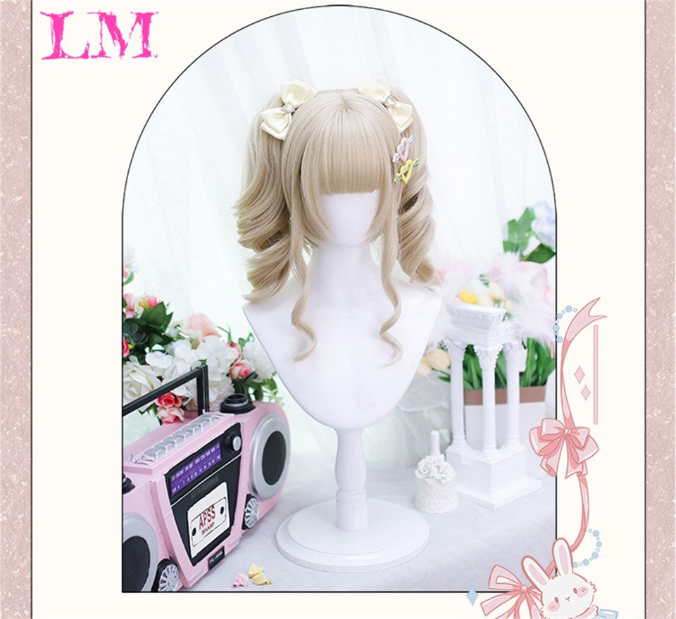LM Medium Length Pink Cosplay Wig Heat Resistant Costume Party Synthetic Wigs 2 Clip On Ponytail 7 Colors