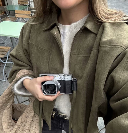 Women's Jacket Fall 2025 New Solid Color Long-Sleeved Faux Suede Loose Bomber Jacket Casual Fashion Personality Versatile