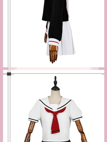 Women Spring Summer Sailor JK Uniform Full Set, Japanese Academy Outfit with Top Pleated Skirt Hat Bow Tie Socks