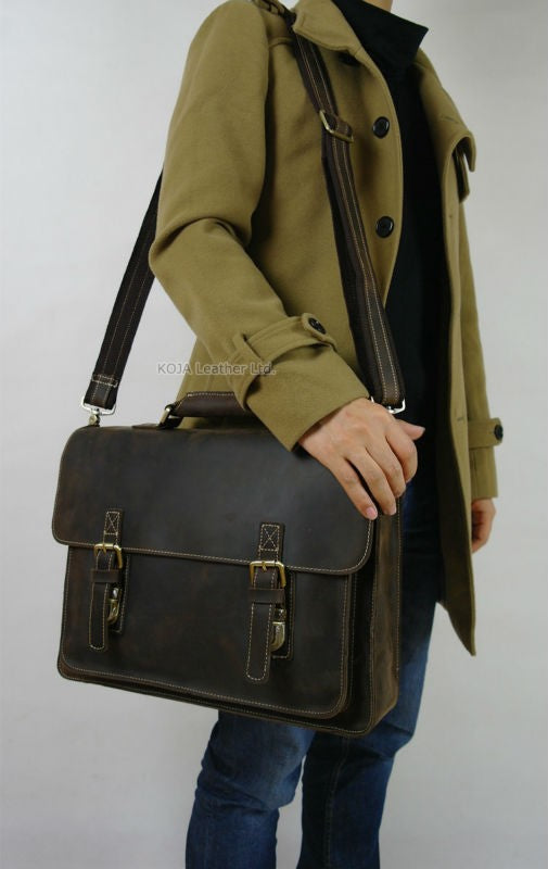 Vintage Crazy Horse Genuine Leather Men Briefcase 15" Laptop Bag Work Business Bag Shoulder Messenger Bag Male Tote Handbag M088