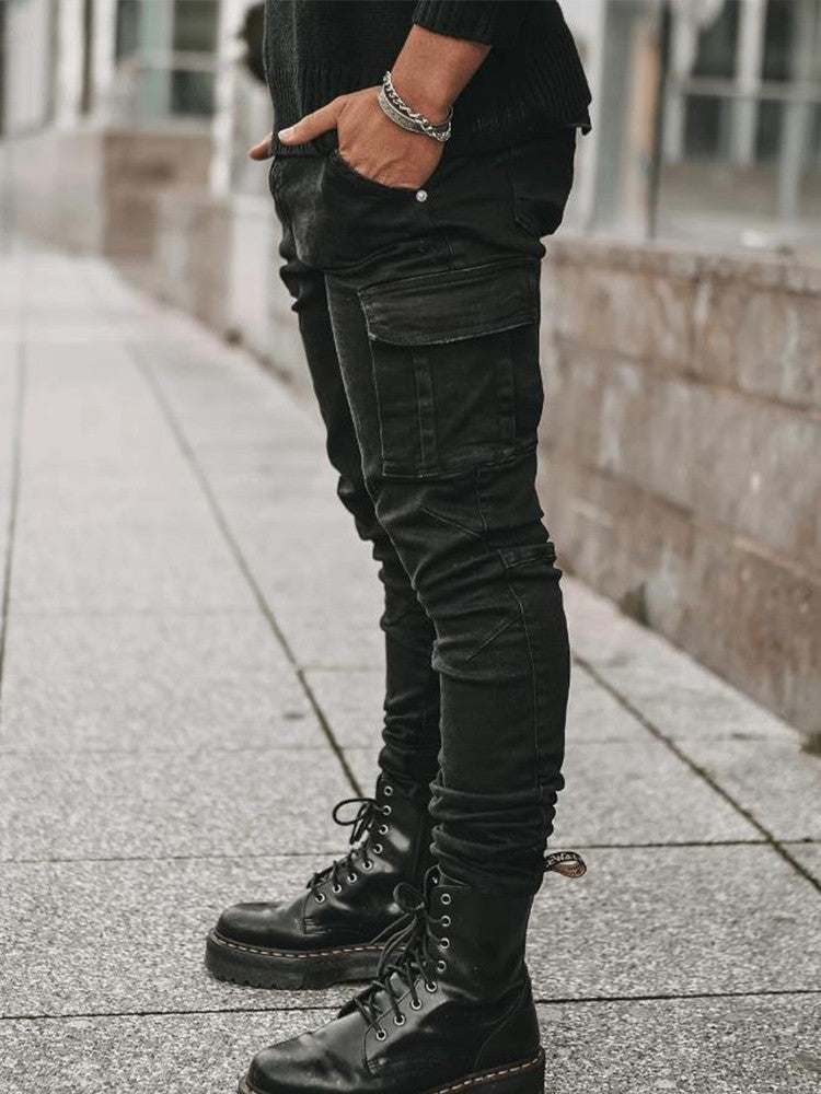 Calça Jeans Masculina Cargo Elástica Slim Fit Masculina Calça Jeans Cor Sólida Multi Bolsos Casual Skinny Calças Masculinas Roupa Masculina