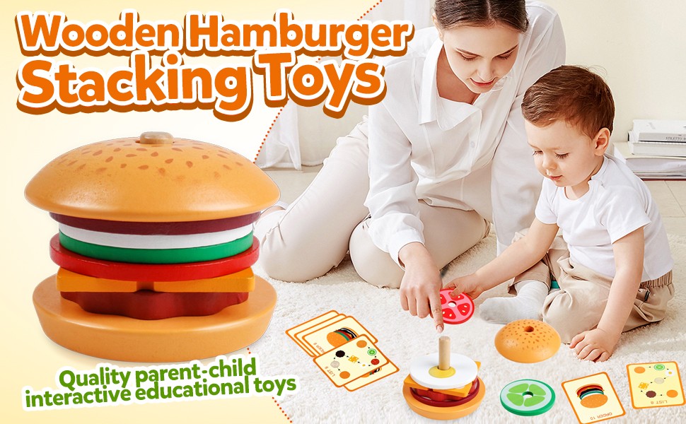 Wooden Burger Sandwich Stacking Toys For Toddler Kids Preschool Learning Educational Toys Pretend Play Food Kitchen Toys Gifts