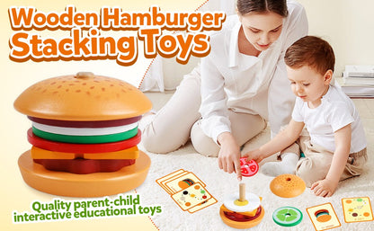 Wooden Burger Sandwich Stacking Toys For Toddler Kids Preschool Learning Educational Toys Pretend Play Food Kitchen Toys Gifts