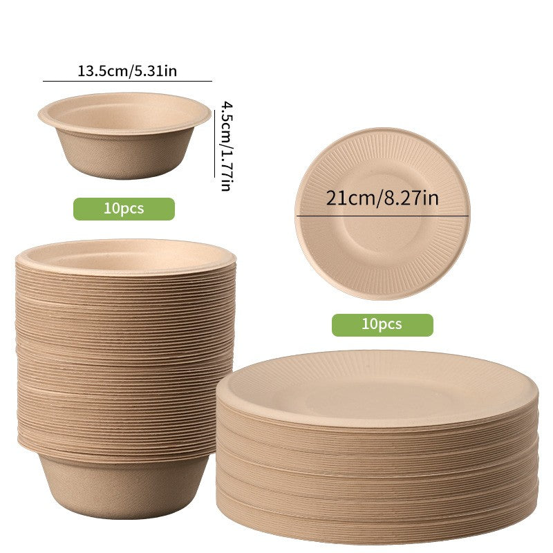 Conjunto Descartável de Talheres de Polpa com 20 Peças Biodegradáveis Inclui Tigela Prato Faca Garfo Colher para Casa Festa Piquenique Recipientes de Comida