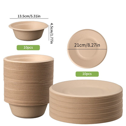 Conjunto Descartável de Talheres de Polpa com 20 Peças Biodegradáveis Inclui Tigela Prato Faca Garfo Colher para Casa Festa Piquenique Recipientes de Comida