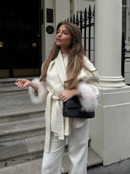 Lace-Up Short Overcoat Women's Coat Office Lady Elegant Woolen Furry Patchwork Long Sleeve Coats 2025 New Loose Cardigan Jackets