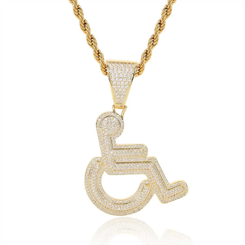Iced out Copper Zircon Charm Pendant Men Women Hip Hop Jewelry Wheelchair Logo Personality Pendant Necklace Bling