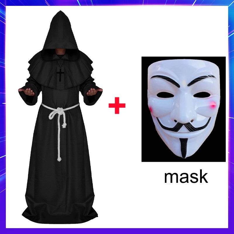 Halloween Wizard Cosplay Medieval Monk Hooded Robe Costume Mask Hat For Men Steampunk Priest Horror Masquerade Unisex Cloak Cape