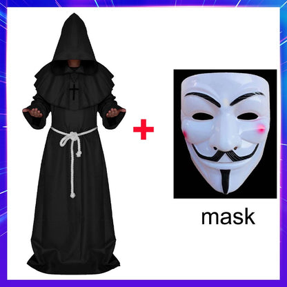 Halloween Wizard Cosplay Medieval Monk Hooded Robe Costume Mask Hat For Men Steampunk Priest Horror Masquerade Unisex Cloak Cape