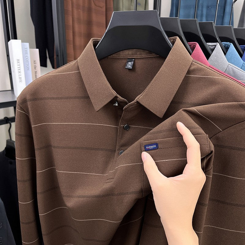 2025 long sleeved men's spring and autumn collar striped pullover top with loose pockets polo shirt