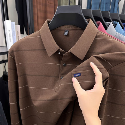 2025 long sleeved men's spring and autumn collar striped pullover top with loose pockets polo shirt