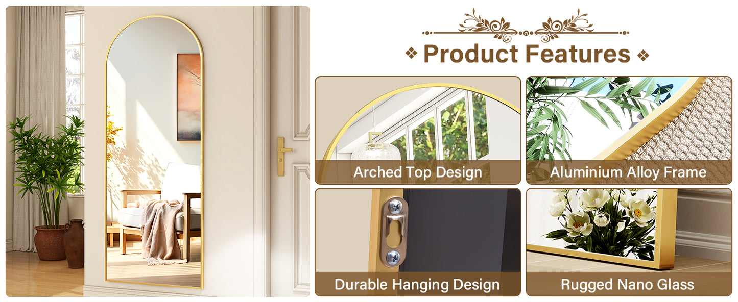 65"x24" Arched Full Length Mirror | Free Standing & Wall-Mounted | Full-Length Mirror with Stand | Modern Gold Mirror for Living