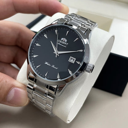 Orient Automático Masculino, Mostrador Preto, Pulseira de Aço Inoxidável, Relógio de Pulso Clássico de Negócios Resistente à Água com Exibição de Data