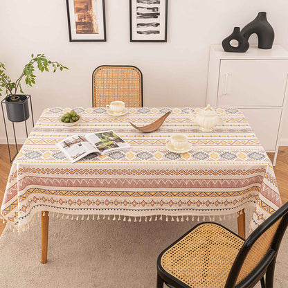 Vintage Boho Tassel Table Cloth Waterproof Cotton Linen Bohemian Tablecloth Patio Outdoor Wrinkle Free Table Protector Covers