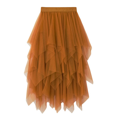 New Fairycore Lady ´s Fashionable Sexy Solid Color Mesh Skirt, Irregular Elastic Tulle Bubble Skirt, Daily Life and Vacation