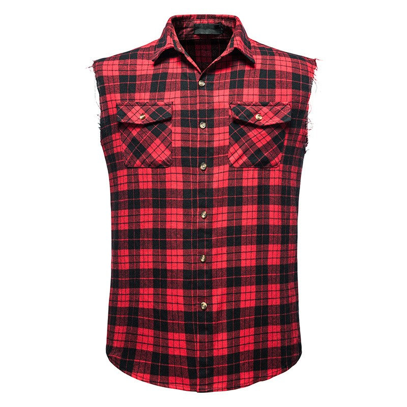 Men's Casual Flannel Plaid Sleeveless Shirt New Double Pocket Cowboy Button Down Shirts Men Cotton Plus Size Vest Checkered Top