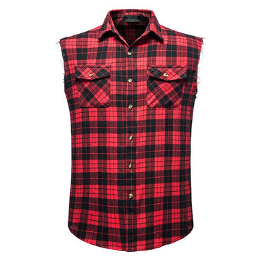 Men's Casual Flannel Plaid Sleeveless Shirt New Double Pocket Cowboy Button Down Shirts Men Cotton Plus Size Vest Checkered Top