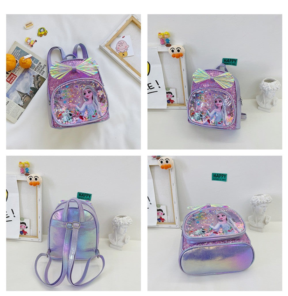 Mochila Mini de Glitter Princesa Elsa de Frozen da Disney, Linda com Laço de Lantejoulas, Bolsa Escolar de Jardim de Infância para Meninas, Desenho Animado Infantil, Mochila de Ombro Duplo
