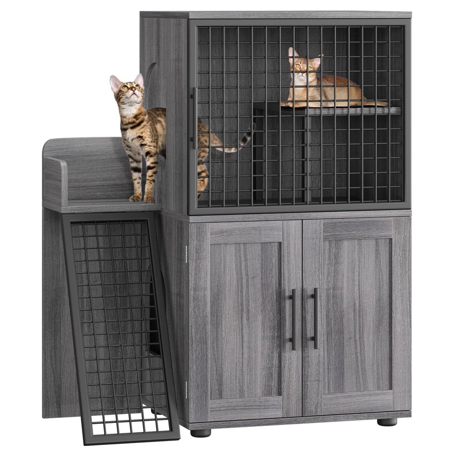 Caixa de Areia para Gatos Oculta com Plataforma, Móvel para Gatos de Camada Dupla, Móvel para Banheiro de Gatos, Casinha de Gatos com Escada